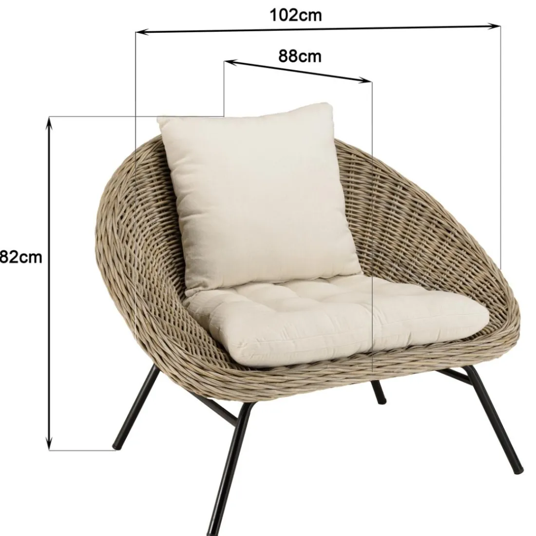 Fauteuil lounge en kubu coussin d'assise blanc pieds métal noir KALLY