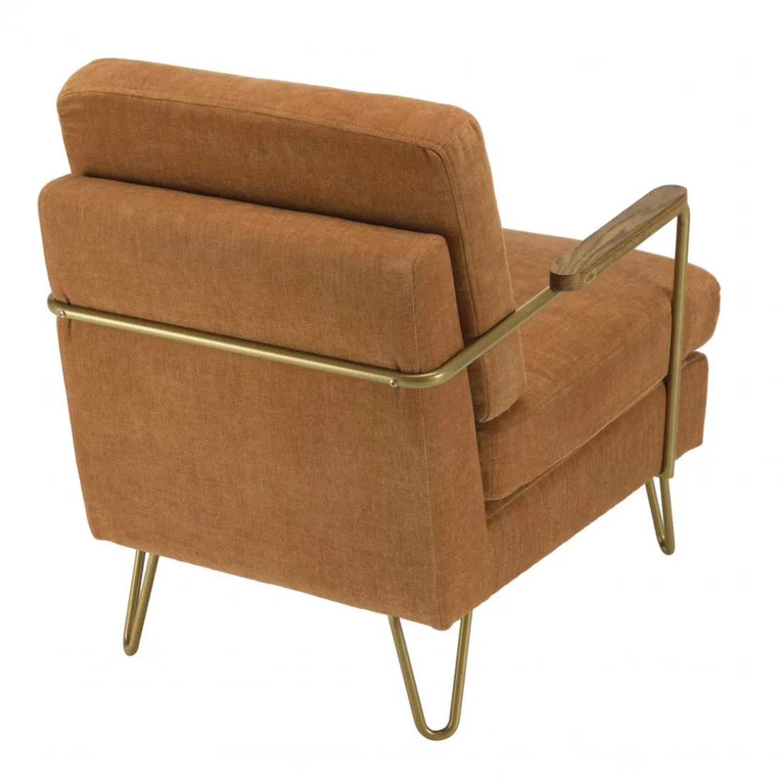 Fauteuil lounge tissu orange métal doré accoudoirs bois
