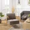 Fauteuil lounge tissu taupe métal doré accoudoirs bois