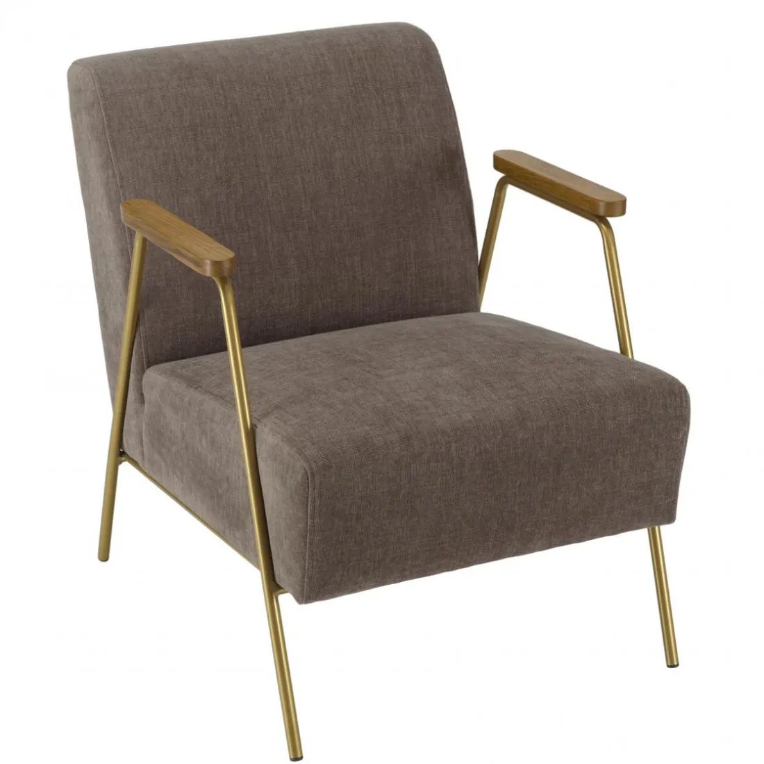 Fauteuil lounge tissu taupe métal doré accoudoirs bois