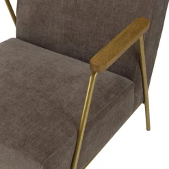 Fauteuil lounge tissu taupe métal doré accoudoirs bois