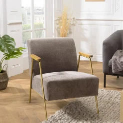Fauteuil lounge tissu taupe métal doré accoudoirs bois