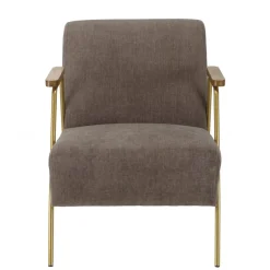 Fauteuil lounge tissu taupe métal doré accoudoirs bois