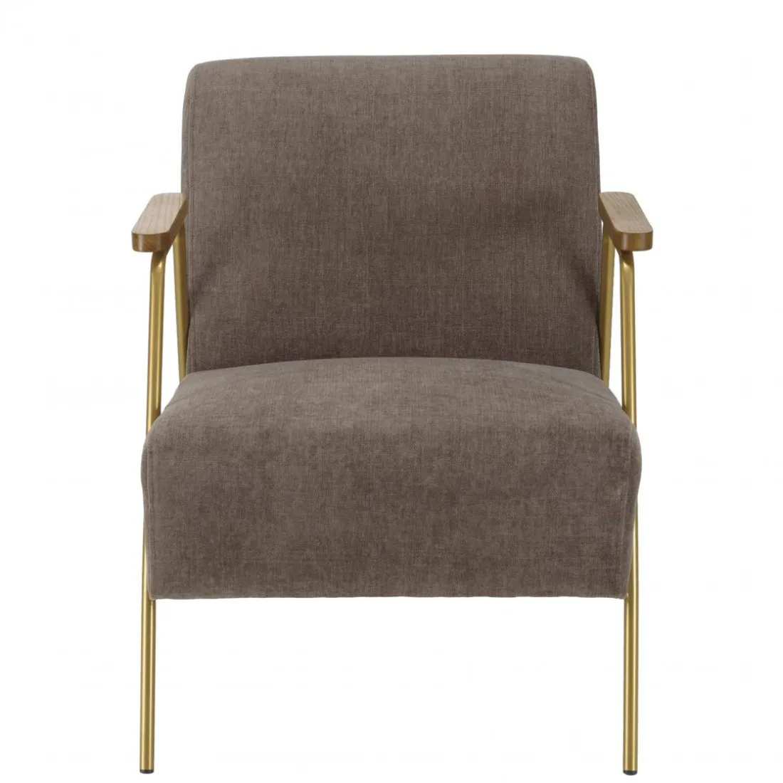 Fauteuil lounge tissu taupe métal doré accoudoirs bois