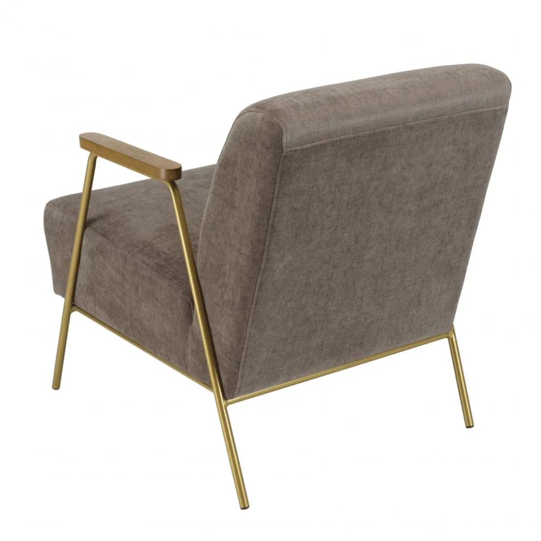 Fauteuil lounge tissu taupe métal doré accoudoirs bois