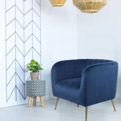 Fauteuil moderne Bombaro pieds métal doré et Velours Bleu