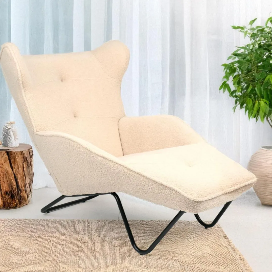 Fauteuil méridienne style bergère relax Shirley Tissu bouclette Beige