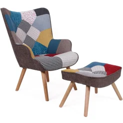 Fauteuil scandinave et pouf Tissu Patchwork LOLY
