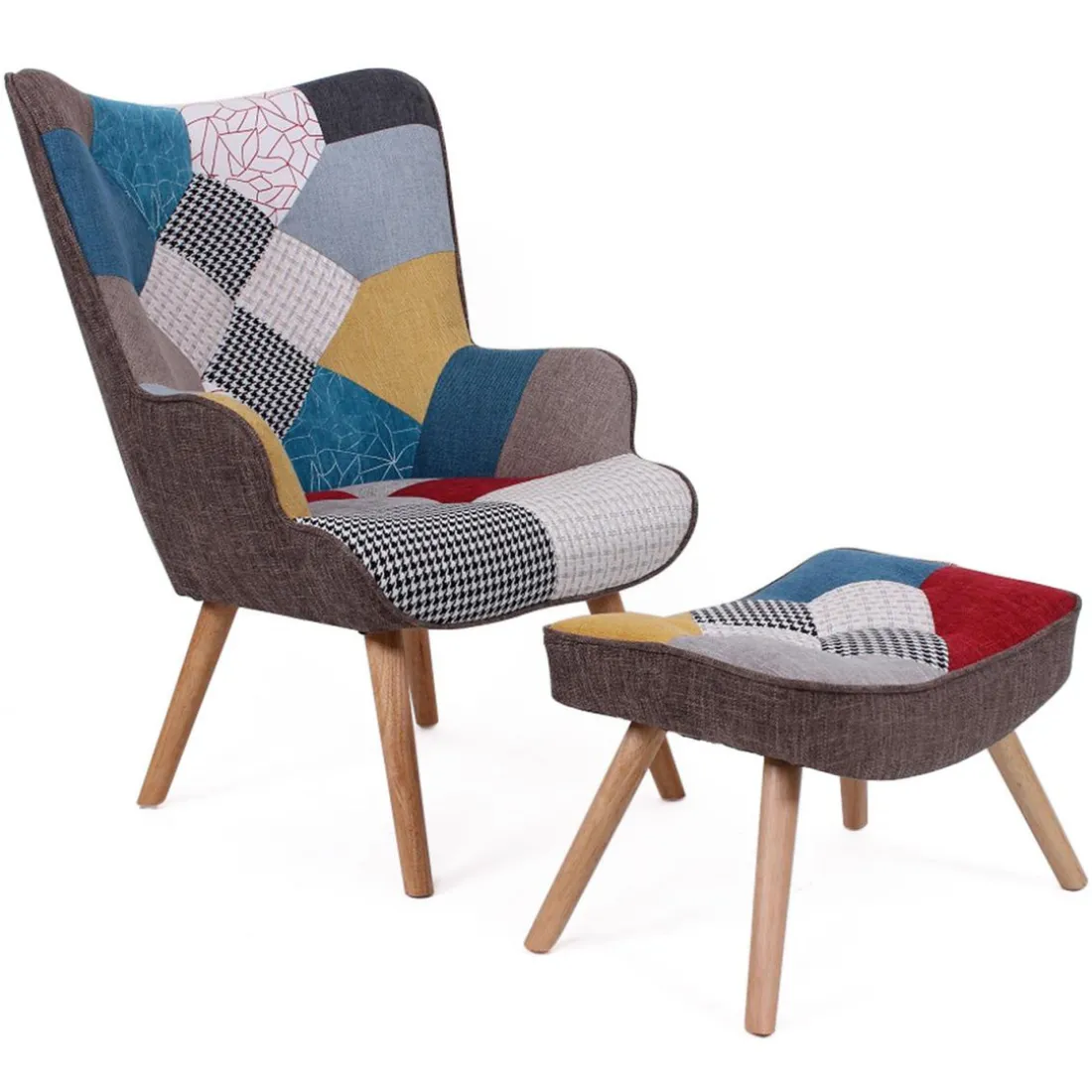 Fauteuil scandinave et pouf Tissu Patchwork LOLY