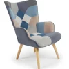 Fauteuil scandinave Lyliane effet patchwork Velours Gris et bleu