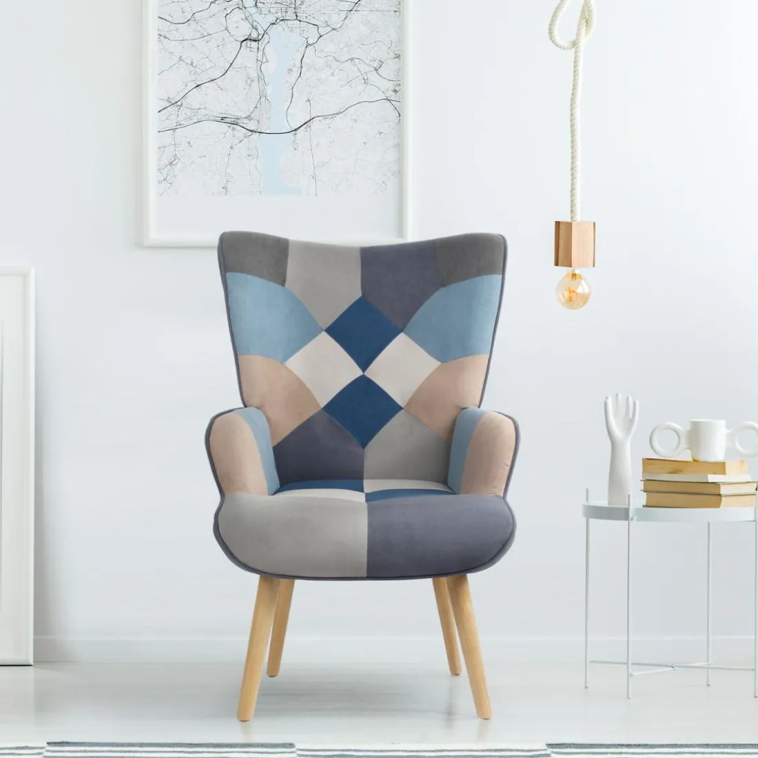 Fauteuil scandinave Lyliane effet patchwork Velours Gris et bleu
