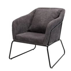 Fauteuil Tissu AGATHE Velours Cotelé Gris Anthracite Pieds Évasés Métal