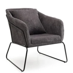 Fauteuil Tissu AGATHE Velours Cotelé Gris Anthracite Pieds Évasés Métal