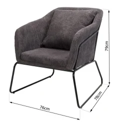 Fauteuil Tissu AGATHE Velours Cotelé Gris Anthracite Pieds Évasés Métal