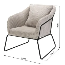 Fauteuil Tissu AGATHE Velours Cotelé Gris Perle Pieds Évasés Métal