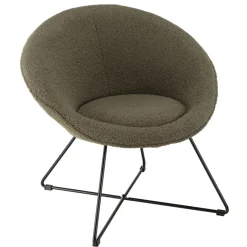 Fauteuil tissu bouclette vert kaki pieds croisés métal noir AGATHE