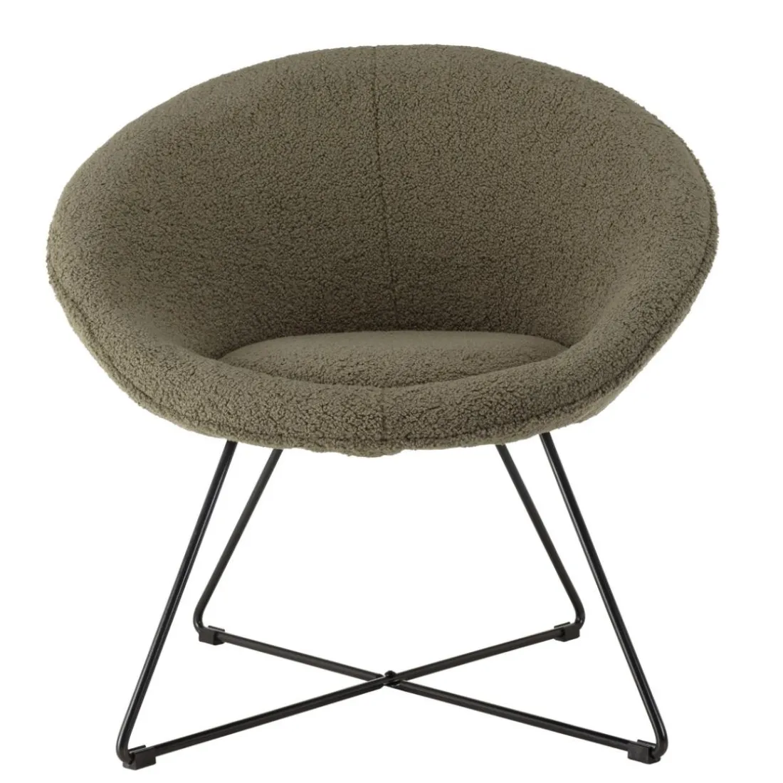 Fauteuil tissu bouclette vert kaki pieds croisés métal noir AGATHE