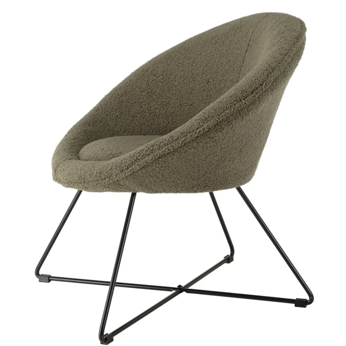 Fauteuil tissu bouclette vert kaki pieds croisés métal noir AGATHE