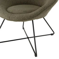 Fauteuil tissu bouclette vert kaki pieds croisés métal noir AGATHE