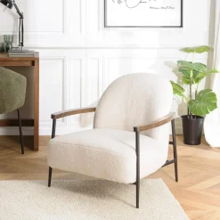 Fauteuil tissu bouclette écru structure métallique GASTON