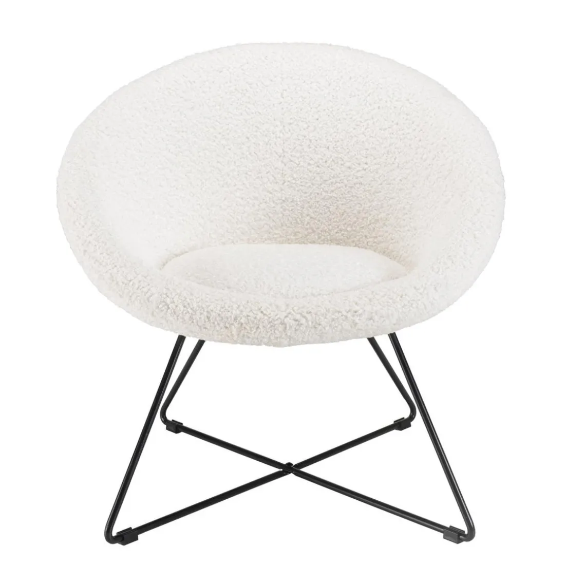 Fauteuil tissu bouclette blanc pieds croisés métal noir