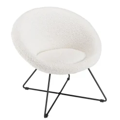 Fauteuil tissu bouclette blanc pieds croisés métal noir