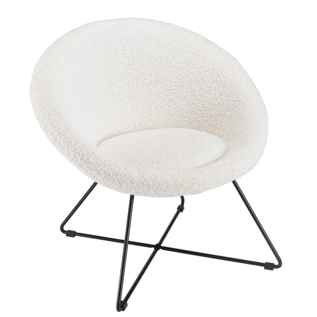 Fauteuil tissu bouclette blanc pieds croisés métal noir