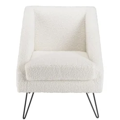 Fauteuil tissu bouclette blanc pieds épingles métal noir