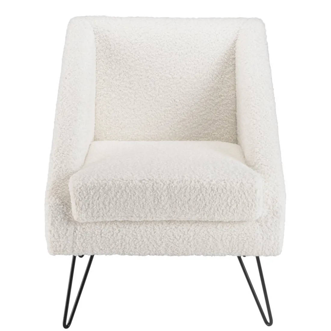 Fauteuil tissu bouclette blanc pieds épingles métal noir