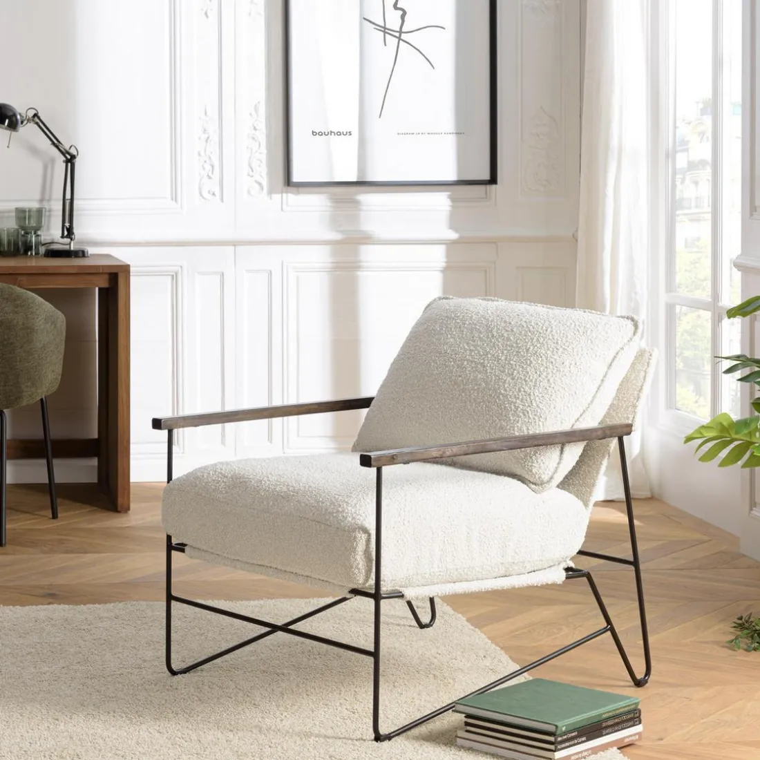 Fauteuil tissu écru 1 coussin structure métallique GASTON