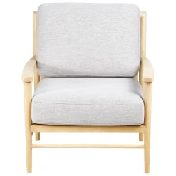 Fauteuil tissu lin gris clair pieds frêne naturel