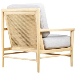 Fauteuil tissu lin gris clair pieds frêne naturel