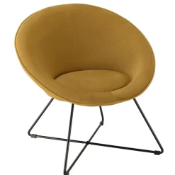 Fauteuil tissu velours jaune moutarde pieds croisés métal noir AGATHE