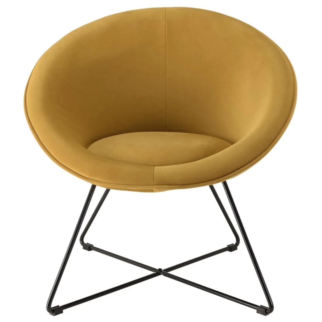Fauteuil tissu velours jaune moutarde pieds croisés métal noir AGATHE