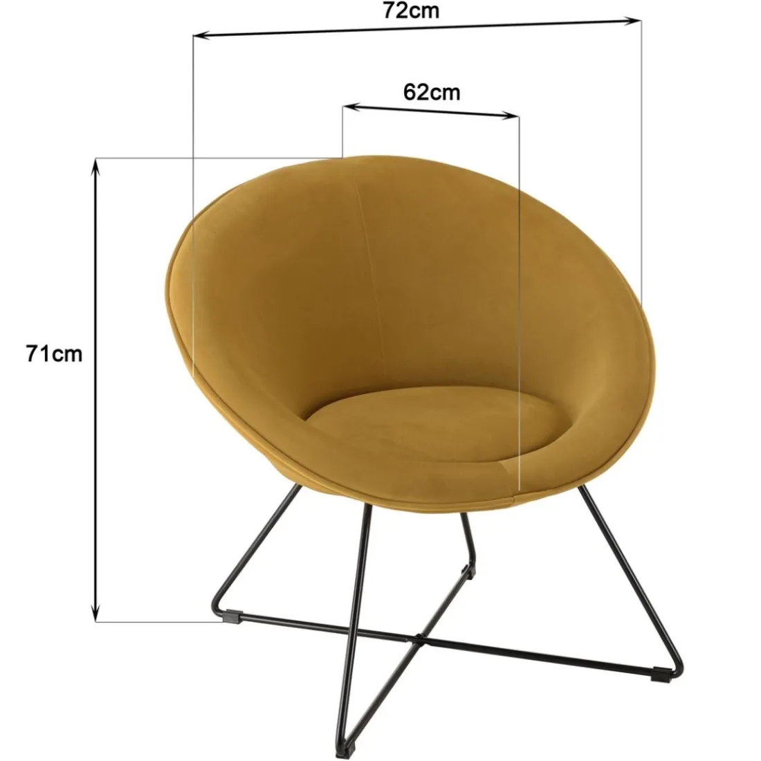 Fauteuil tissu velours jaune moutarde pieds croisés métal noir AGATHE