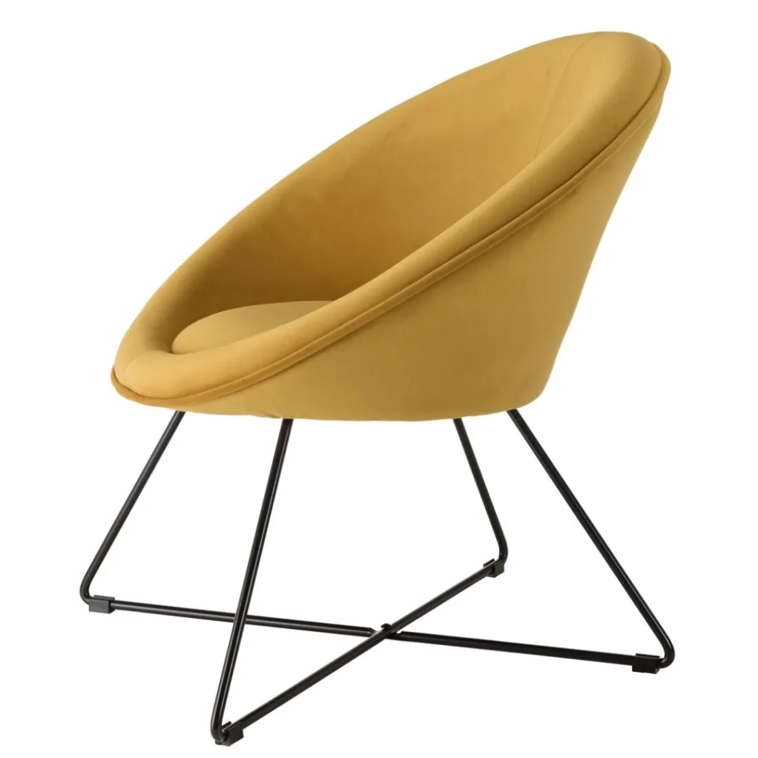 Fauteuil tissu velours jaune moutarde pieds croisés métal noir AGATHE