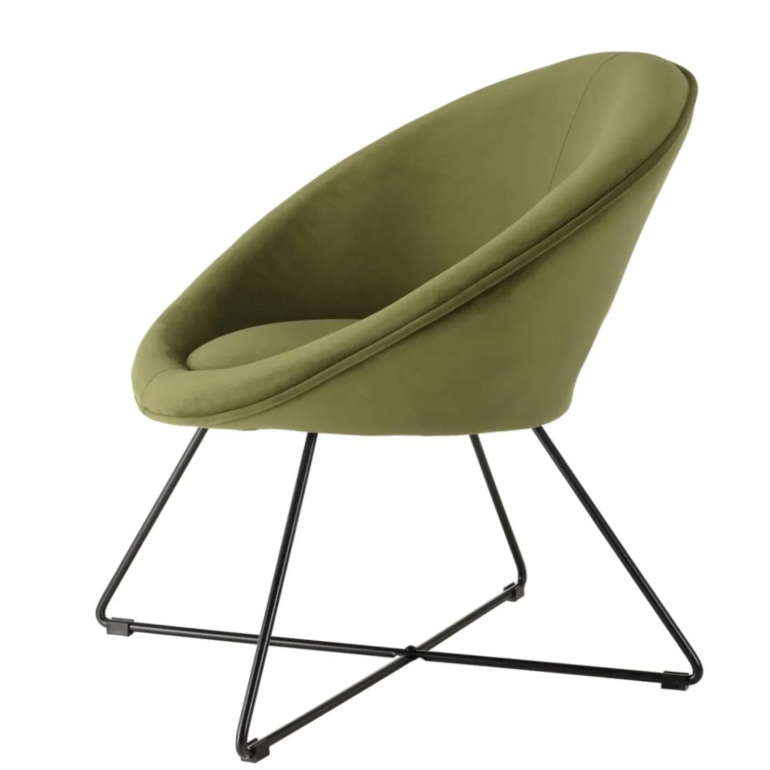 Fauteuil tissu velours vert olive pieds croisés métal noir AGATHE