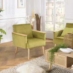 Fauteuil velours vert clair pieds et accoudoirs bois