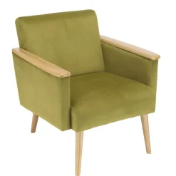 Fauteuil velours vert clair pieds et accoudoirs bois