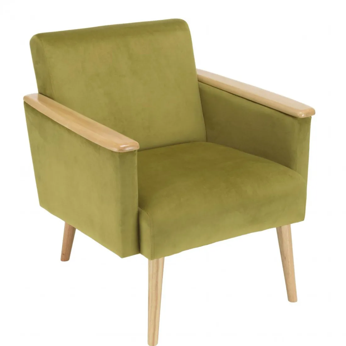 Fauteuil velours vert clair pieds et accoudoirs bois