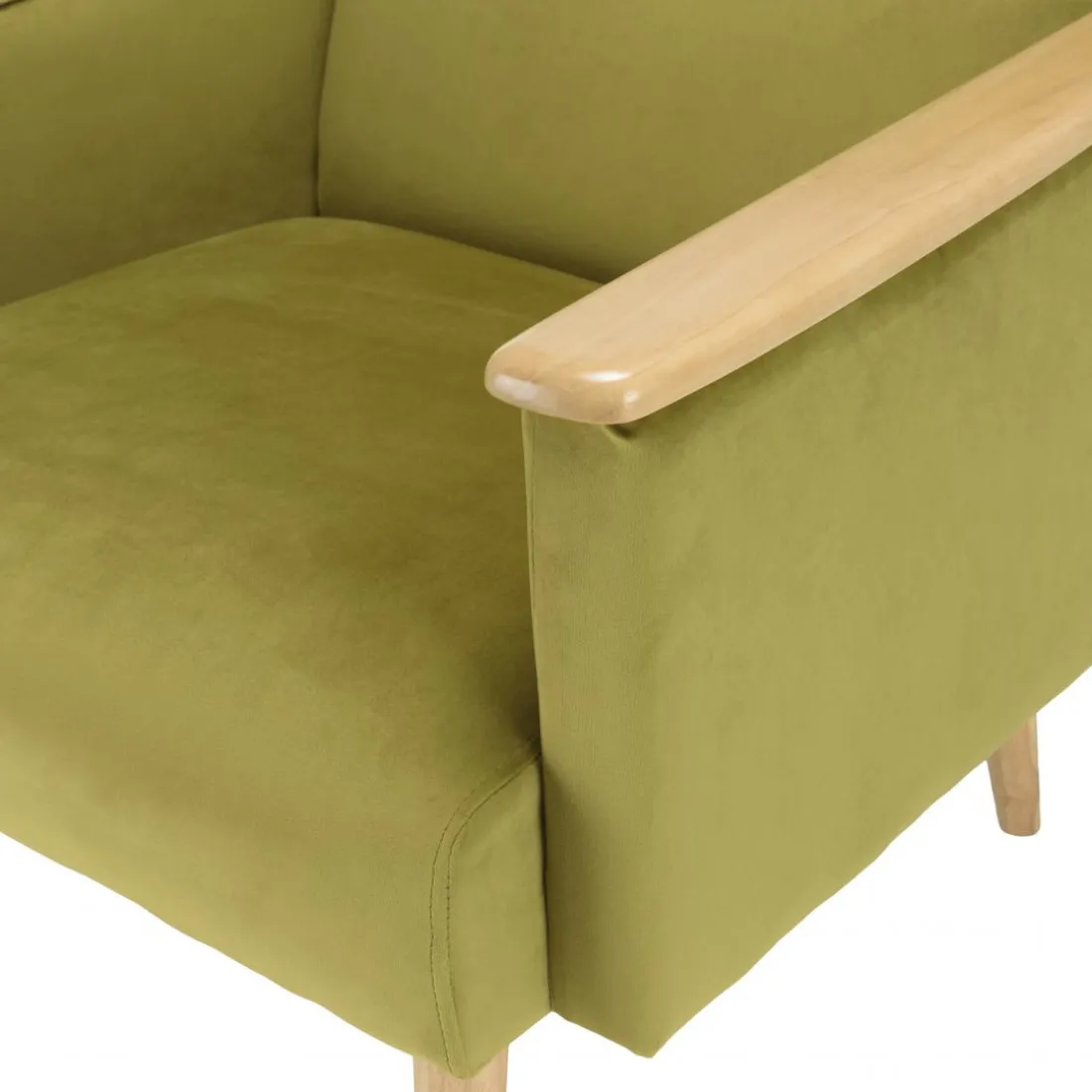Fauteuil velours vert clair pieds et accoudoirs bois