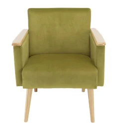Fauteuil velours vert clair pieds et accoudoirs bois
