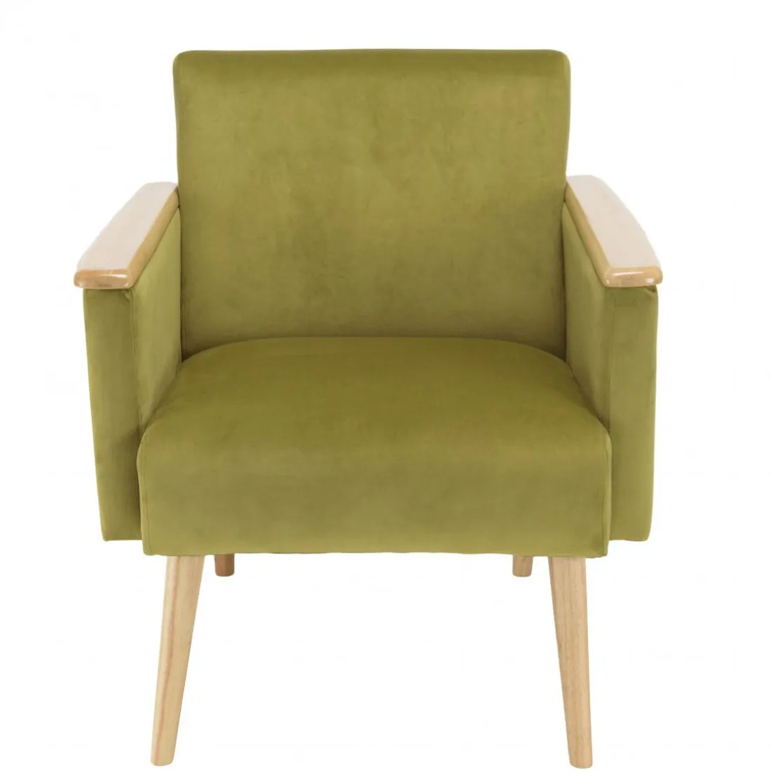 Fauteuil velours vert clair pieds et accoudoirs bois