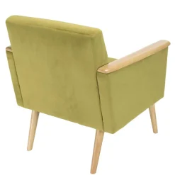 Fauteuil velours vert clair pieds et accoudoirs bois