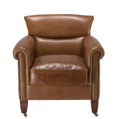 Fauteuil verone vintage cuir pieds bois avec roulettes GASTON