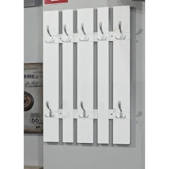 Garderobe murale avec 8 crochets en optique Inox et en MDF laqué Blanc