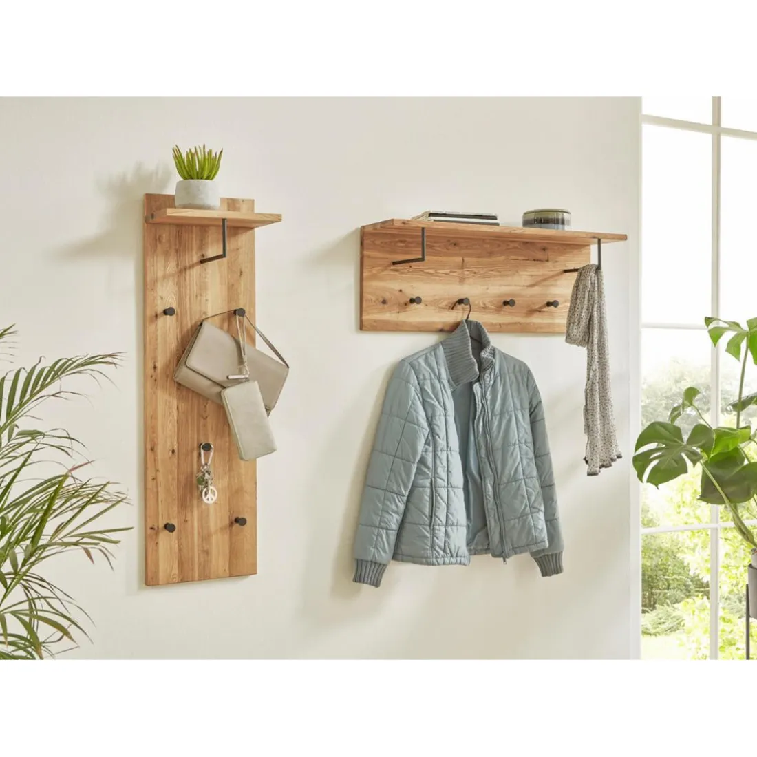 garderobe murale chêne et métal noir - 4 crochets