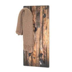 Garderobe murale MDF avec impression par Ultra Violet Parquet avec 5 crochets en Métal laqué Noir