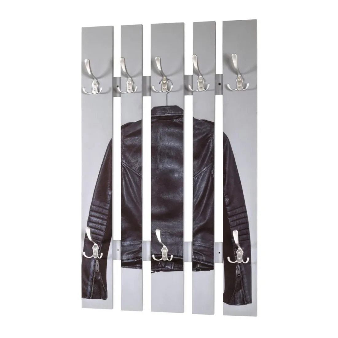 Garderobe murale MDF avec impression par Ultra Violet Blouson cuir et 8 crochets en optique inox
