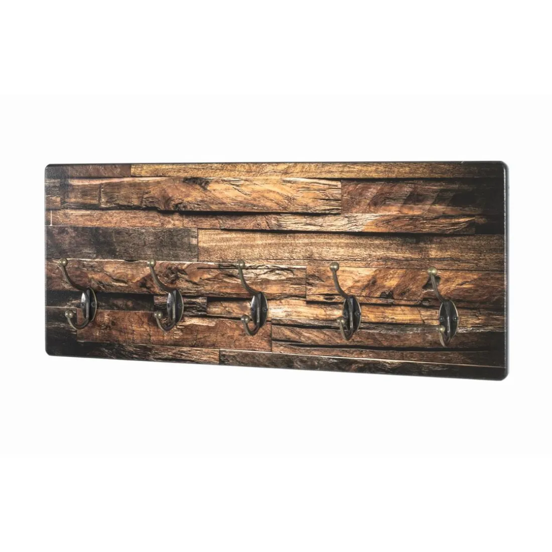 Garderobe murale MDF avec impression par Ultra Violet motif parquet Bronze et 5 crochets en Métal Noir